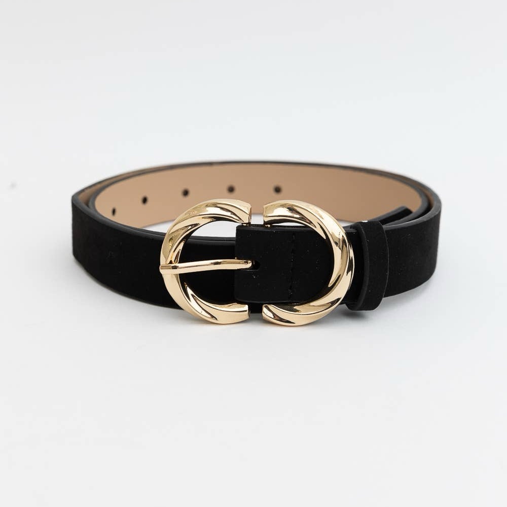 Double C Shaped Buckle Suede Belt- Black